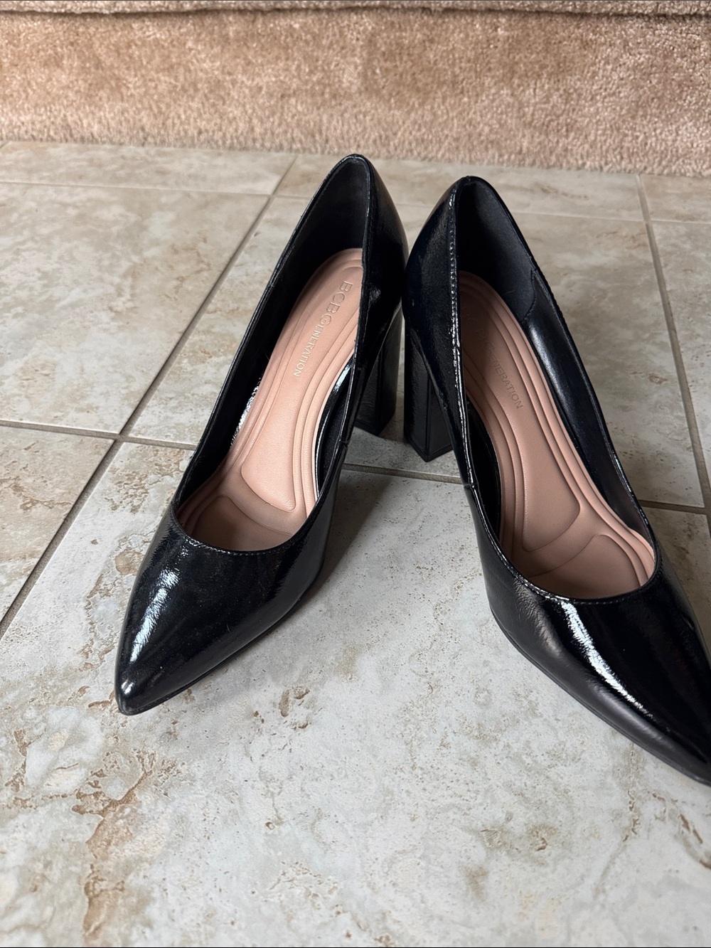BCBGeneration Black Patent Pointed Toe Block Heel Pumps with glossy black leathe